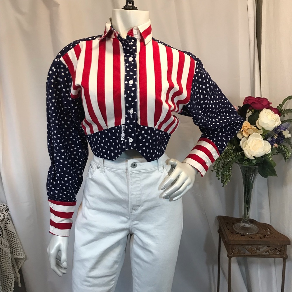 Vintage Banjo Cropped Corset Flag Blouse Sz M